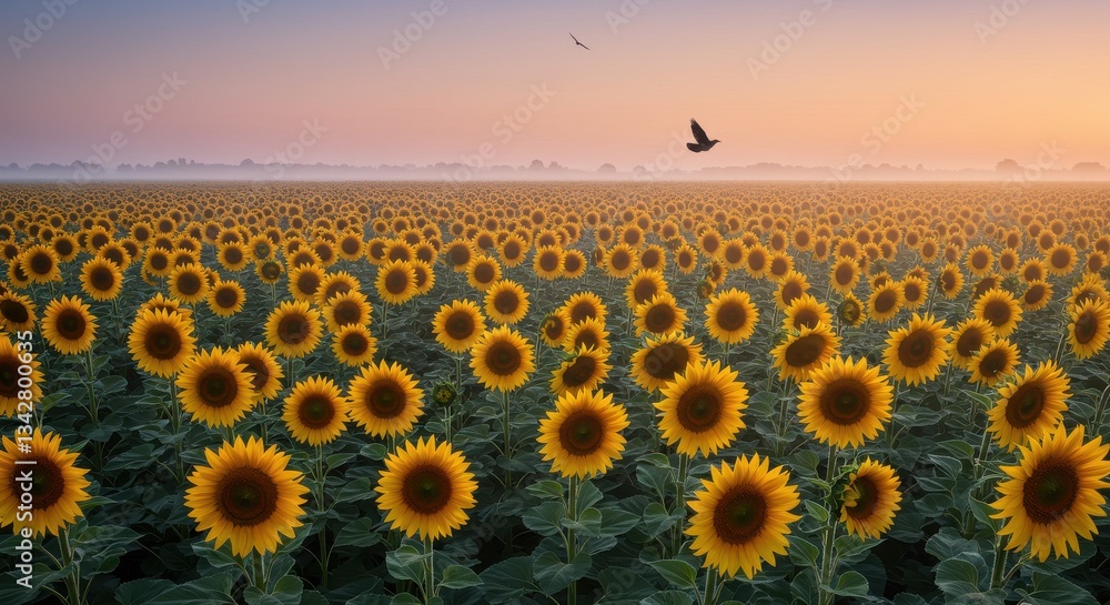 Obraz premium Vibrant sunflower field at sunrise with birds flying in the background