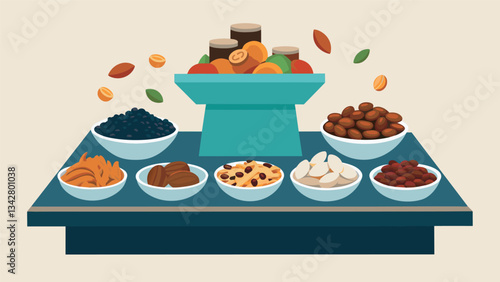 A trail mix station with a variety of nuts dried fruits and chocolate chips for a customizable and energizing snack.. Vector illustration