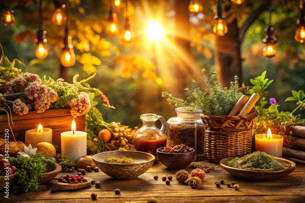 Fototapeta premium Autumnal Herbalism Still Life with Candles