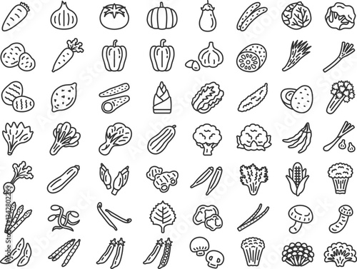いろいろな、野菜アイコン（線画）のイラストセット