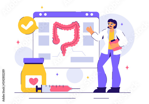 Proctologist or Colonoscopy Vector Illustration with a Doctor Examining the Colon or Small Intestine and Displaying Harmful Bacteria in a Background