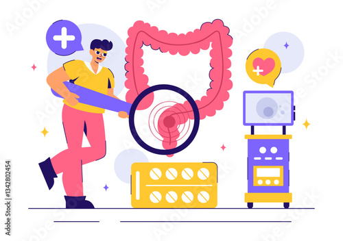 Proctologist or Colonoscopy Vector Illustration with a Doctor Examining the Colon or Small Intestine and Displaying Harmful Bacteria in a Background