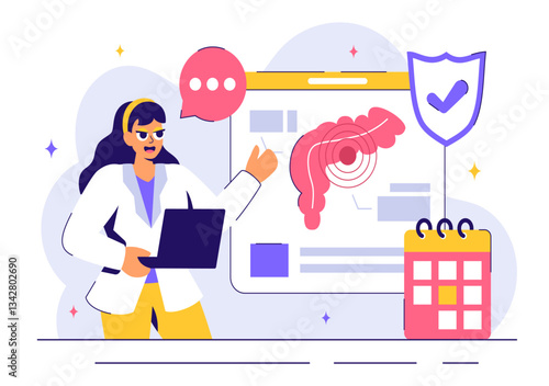 Proctologist or Colonoscopy Vector Illustration with a Doctor Examining the Colon or Small Intestine and Displaying Harmful Bacteria in a Background