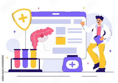 Proctologist or Colonoscopy Vector Illustration with a Doctor Examining the Colon or Small Intestine and Displaying Harmful Bacteria in a Background