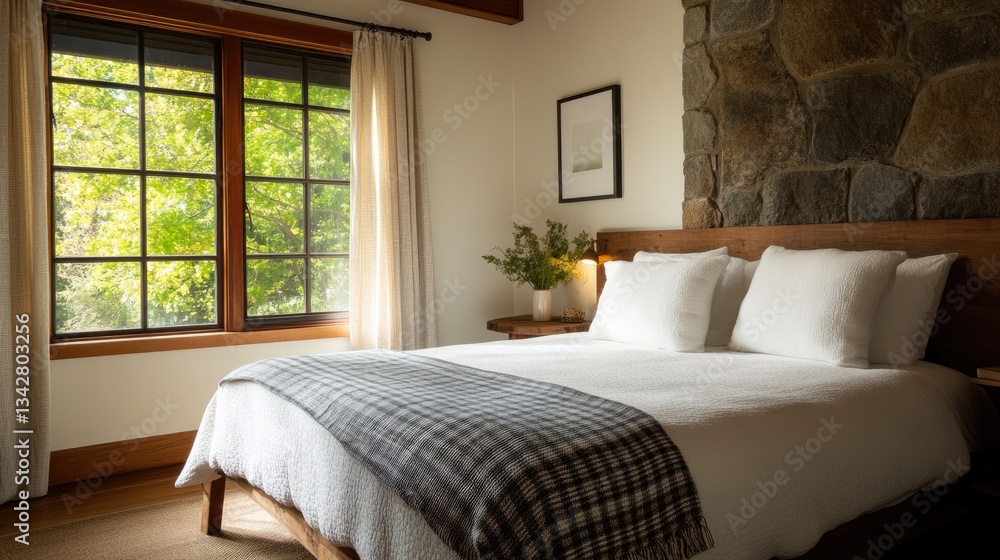 Cozy bedroom with window view, rustic design Cozy bedroom with window view, rustic design