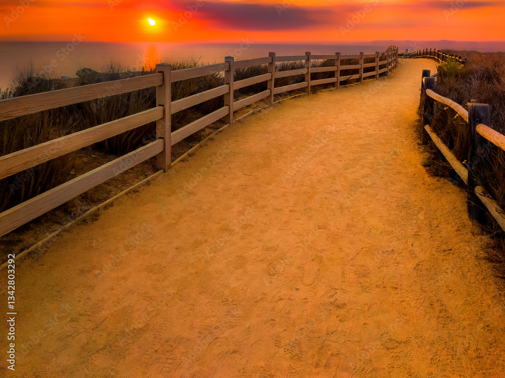 Coastal trail with full ocean view and dramatic colorful sky along the Southern California shoreline