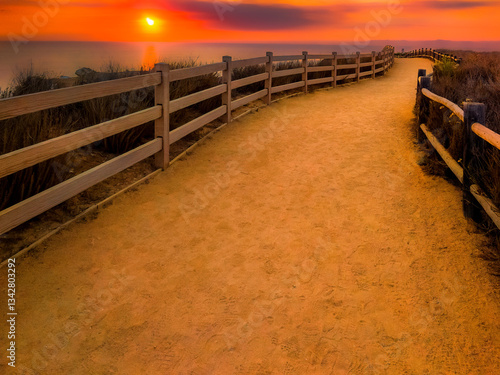 Obraz na płótnie Coastal trail with full ocean view and dramatic colorful sky along the Southern California shoreline w salonie