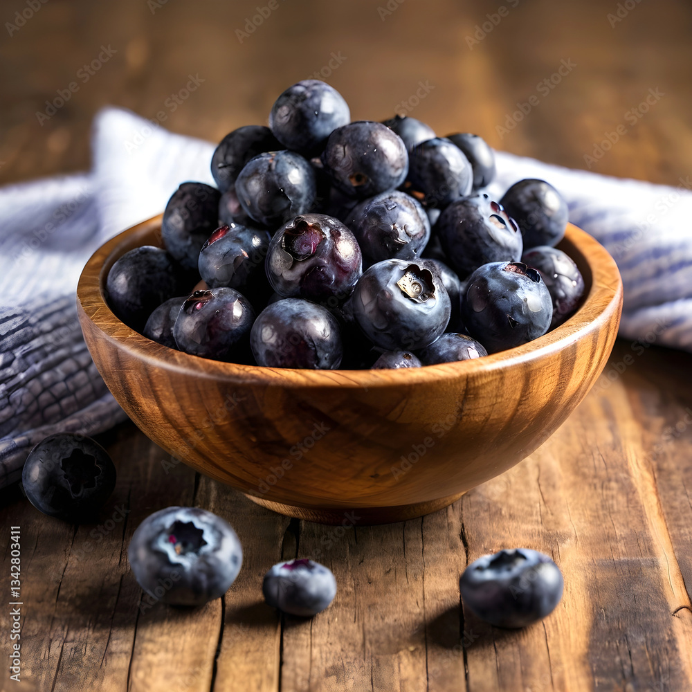 Sapphire Berry Abundance A Rustic Still Life of Fresh Blueberries in a Wooden Bowl, Resting on Weathered Wooden Planks with a Softly Draped Cloth Sapphire Berry Abundance A Rustic Still Life of Fresh Blueberries in a Wooden Bowl, Resting on Weathered Wooden Planks with a Softly Draped Cloth