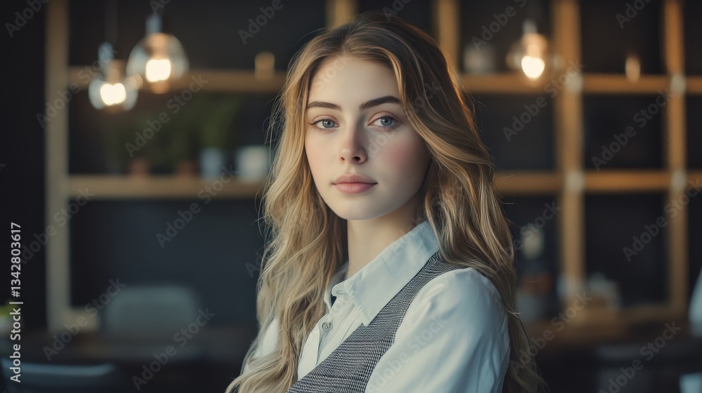 Portrait of a Young Woman with Long Hair in a Modern Workspace Setting