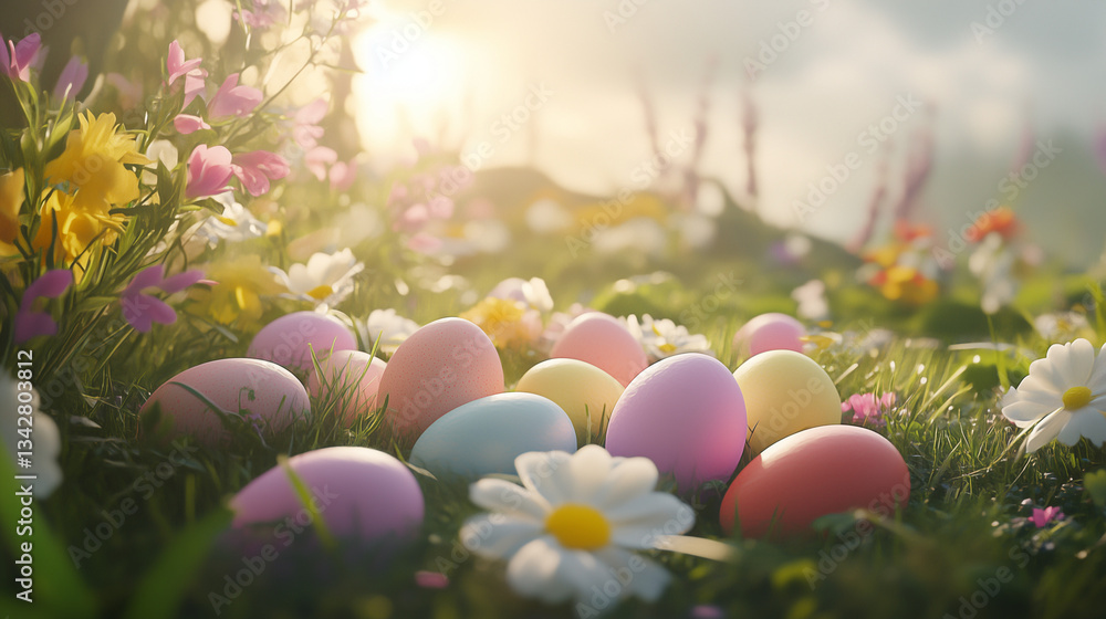 Colorful Easter Eggs in Spring Grass with Pastel Flowers and Morning Sunlight, Serene and Joyful Easter Atmosphere Colorful Easter Eggs in Spring Grass with Pastel Flowers and Morning Sunlight, Serene and Joyful Easter Atmosphere