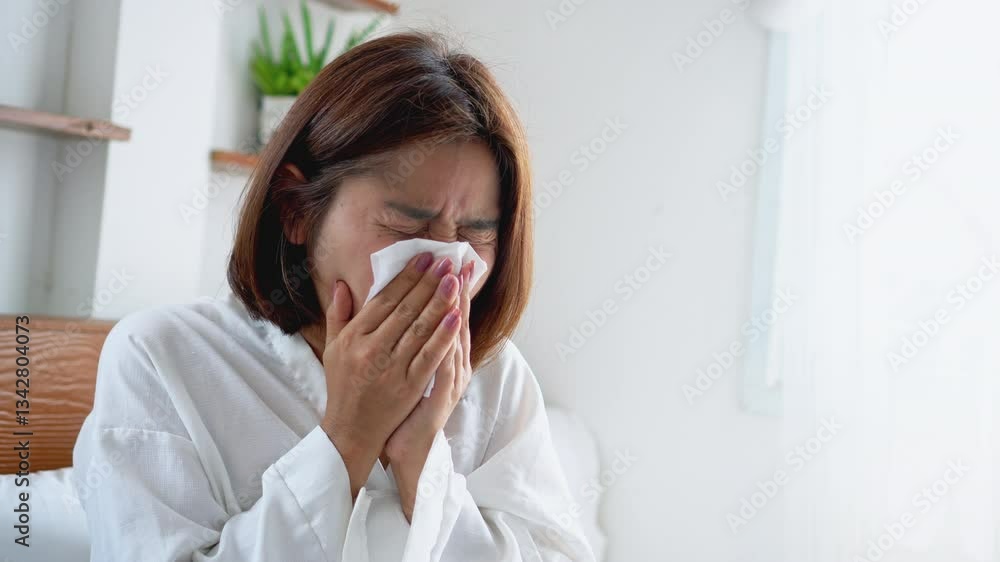 asian woman coughing, sneezing, and have runny nose due to a cold, flu, or allergies, feeling uncomfortable from dust, pollen, and pm2.5 air pollution, difficulty to breathe asian woman coughing, sneezing, and have runny nose due to a cold, flu, or allergies, feeling uncomfortable from dust, pollen, and pm2.5 air pollution, difficulty to breathe