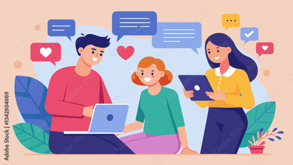 A couple discusses their addiction to social media and their plan to limit screen time with the help of a digital wellness coach who specializes in relationships and technology. Vector illustration A couple discusses their addiction to social media and their plan to limit screen time with the help of a digital wellness coach who specializes in relationships and technology. Vector illustration