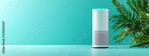 Modern Smart Speaker on Turquoise Table with Green Leaves Decor photo