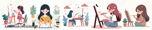 vector set of a girl painting