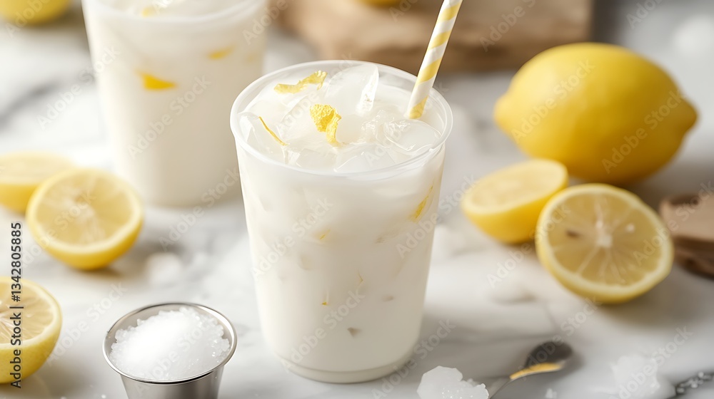 Iced lemon yakult team with sugar pot and spoon served in disposable glass Iced lemon yakult team with sugar pot and spoon served in disposable glass