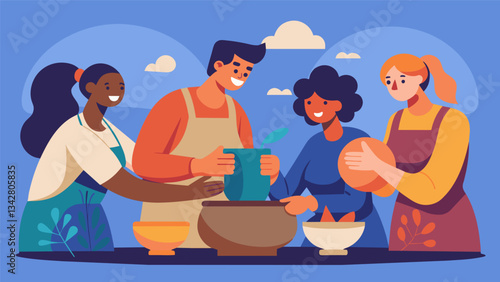 A group of coworkers gather in a studio after a long day at work letting go of their stress and tension by creating unique pottery pieces together their hands working in harmony.. Vector illustration