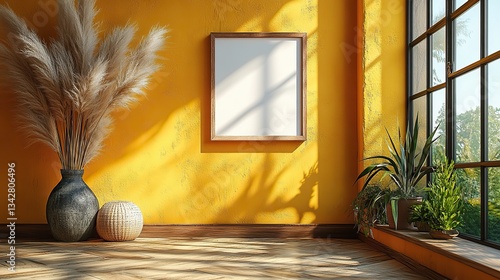 Sunlight softly shadows a yellow wall, illuminating a modern interior with a blank frame leaning on a wooden table, accented by pampas grass in a vase