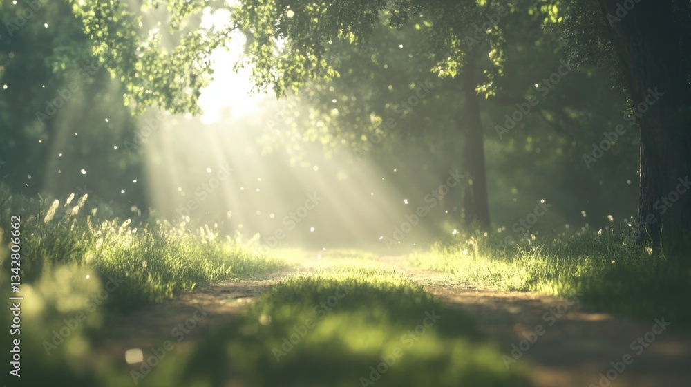 Obraz premium Gentle rays of sunlight stream through the tree canopy, creating a tranquil atmosphere on a forest path filled with soft greenery