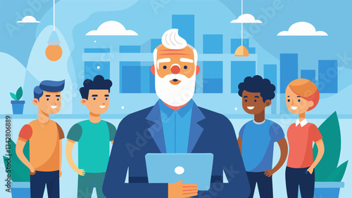 A boomer entrepreneur proudly gives a tour of their startup headquarters pointing out the team members who bring diverse perspectives and skills to the table.. Vector illustration