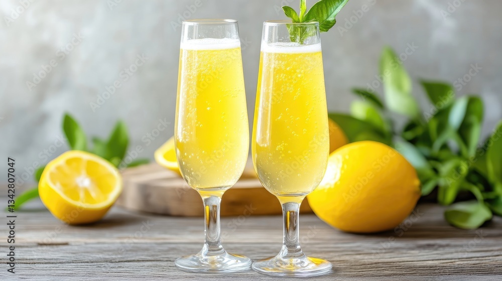 Fototapeta premium Sparkling, refreshing lemon drinks in elegant glasses