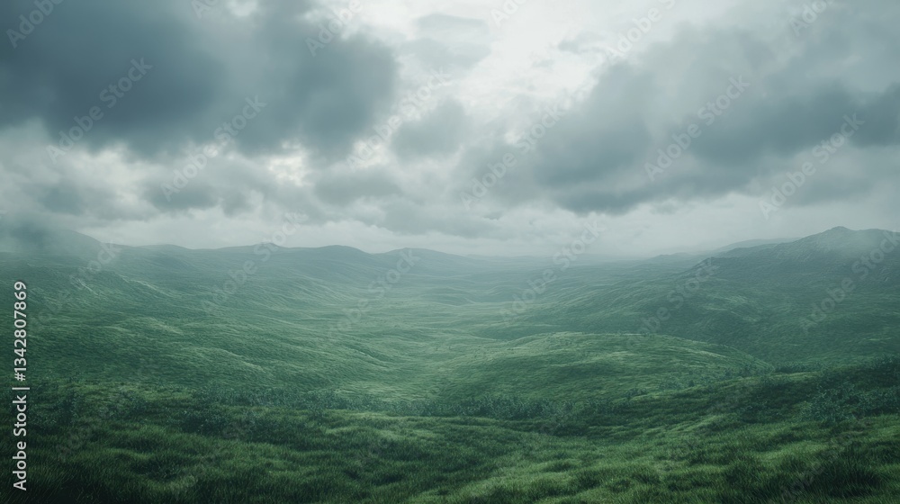 Naklejka premium A misty, green valley under a cloudy sky, evoking tranquility and nature.