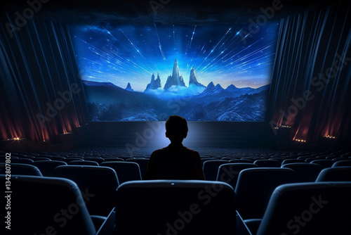 Silhouette of a person watching a fantasy movie in a grand cinematic theater