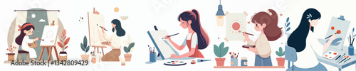vector set of a girl painting
