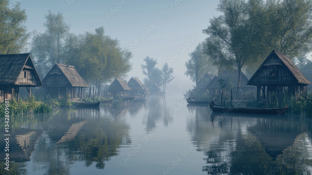 Fototapeta premium Serene village scene with wooden houses by a misty river.