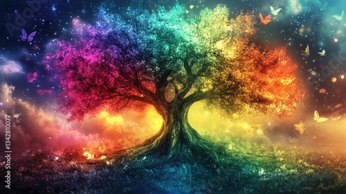 Rainbow Tree in a Dreamy Fantasy Landscape