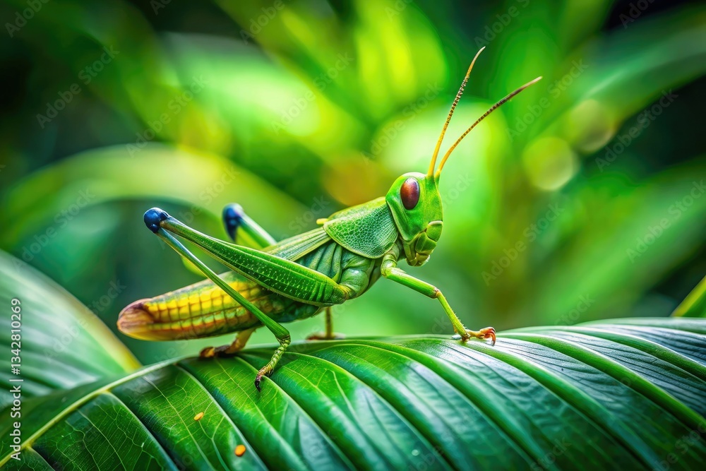 Nature's artistry: a Korat Monkey Grasshopper, emerald green, clings to a leaf in its rainforest habitat. Nature's artistry: a Korat Monkey Grasshopper, emerald green, clings to a leaf in its rainforest habitat.