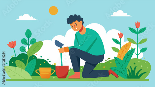 A man recovering from a stressful finds relaxation in his garden digging in the soil and watching his plants grow stronger and healthier each day.. Vector illustration