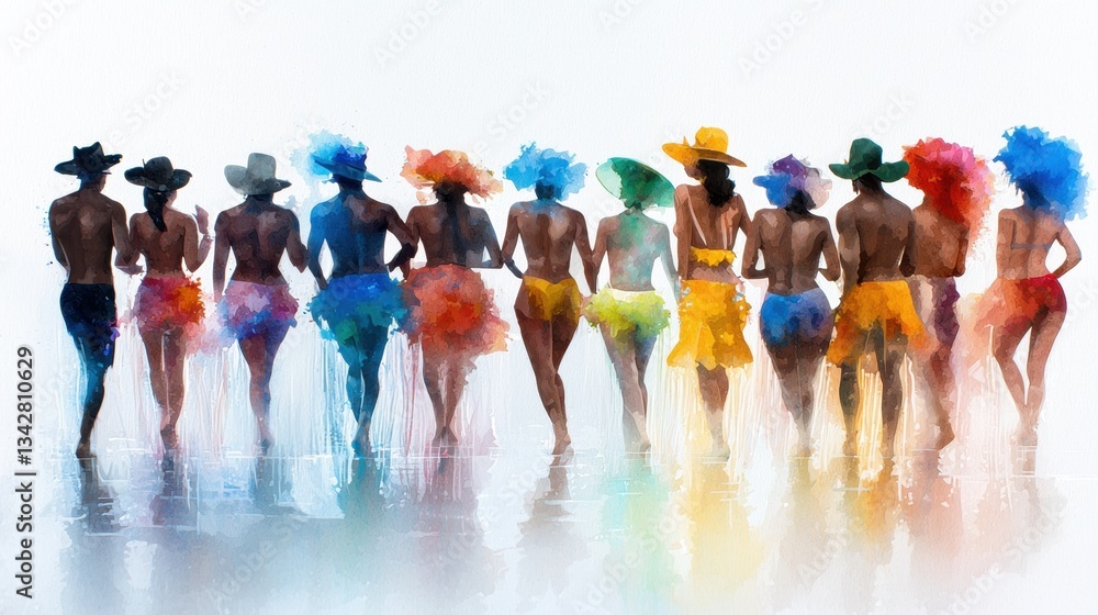 Obraz premium Groups of dancers in bright costumes and hats walk together, showcasing vivid colors and joyful expressions as they participate in a lively celebration under the sun