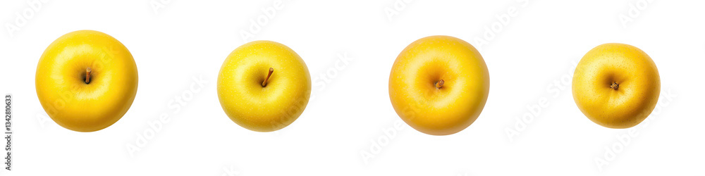 Four crisp perfectly ripe yellow apples arranged in a neat row against a clean white backdrop highlighting their natural simplicity and vibrant color Four crisp perfectly ripe yellow apples arranged in a neat row against a clean white backdrop highlighting their natural simplicity and vibrant color