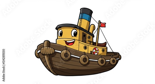 Cartoon tugboat with a cheerful expression, floating on calm waters, surrounded by a sunny sky - boat drawing