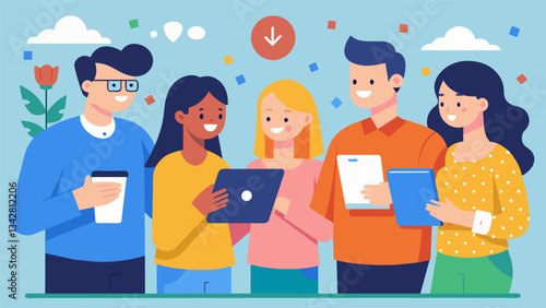 A group of friends discussing their rules for sticking to their New Years resolutions such as limiting screen time or starting a new hobby.. Vector illustration