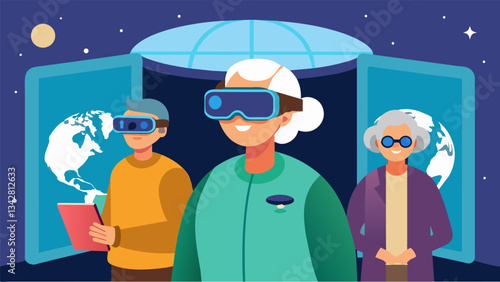 A booth showcasing virtual reality headsets that allow seniors to travel the world from the comfort of their own home.. Vector illustration