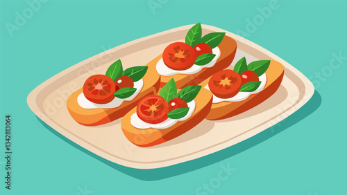 A tray of crisp crostini topped with tangy balsamicroasted cherry tomatoes and fresh basil.. Vector illustration