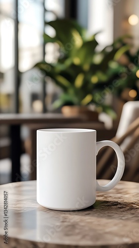 Wallpaper Mural A plain white mug sits on a wooden table in a cozy, plant-filled caf? setting. Torontodigital.ca