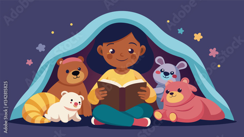 Snuggled under a soft quilt in a cozy reading nook the child reads a classic storybook out loud to a group of stuffed animals.. Vector illustration