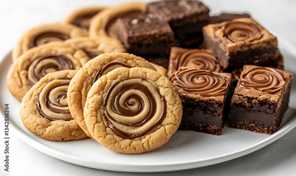 Fototapeta premium peanut butter cookies and peanut butter swirl brownies arranged neatly on a white platter, Generative AI