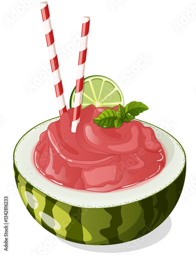 Watermelon Slushie in Watermelon Rind Bowl with Straws, Mint Leaves and Lime Slice. Summer Frozen Drink Isolated Graphic