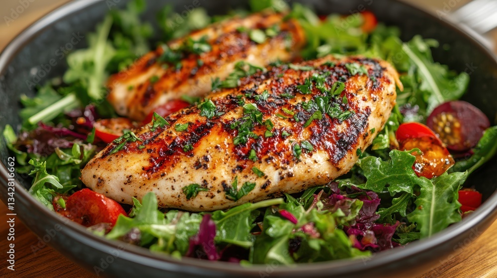 A juicy grilled chicken breast, its skin crispy and golden, nestled amidst a colorful salad of vibrant greens and crisp vegetables. A juicy grilled chicken breast, its skin crispy and golden, nestled amidst a colorful salad of vibrant greens and crisp vegetables.