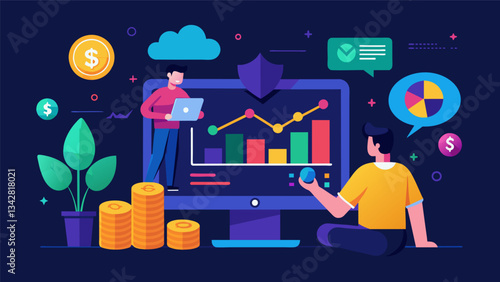 An interactive game allowing players to make simulated investments based on market trends and see their impact on the virtual economy with realtime data updates and visuals to. Vector illustration