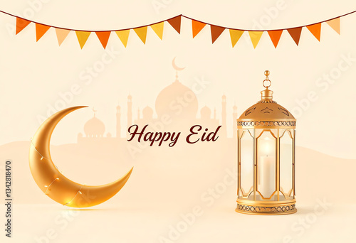Festive Eid Mubarak Greeting with Crescent Moon and Lanterns