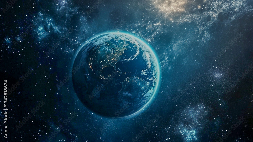 Naklejka premium A stunning view of Earth surrounded by a starry universe, showcasing the planet's vibrant colors against the deep space backdrop.
