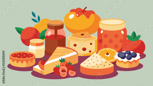 A spread of sweet and tangy fruit preserves paired with flaky pastries and mouthwatering cheeses all made with ingredients from nearby farms.. Vector illustration