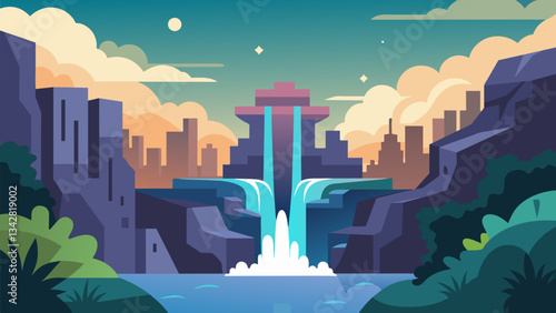 A hidden waterfall in the heart of the city providing a soothing soundtrack for those seeking a moment of peace and quiet.. Vector illustration