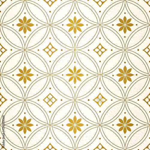 Seamless vintage pattern with golden floral and geometric circular motifs on a cream background.