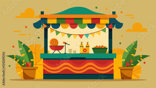 The baleada stand adorned with vibrant decorations and traditional music playing in the background creating a lively and welcoming atmosphere.. Vector illustration