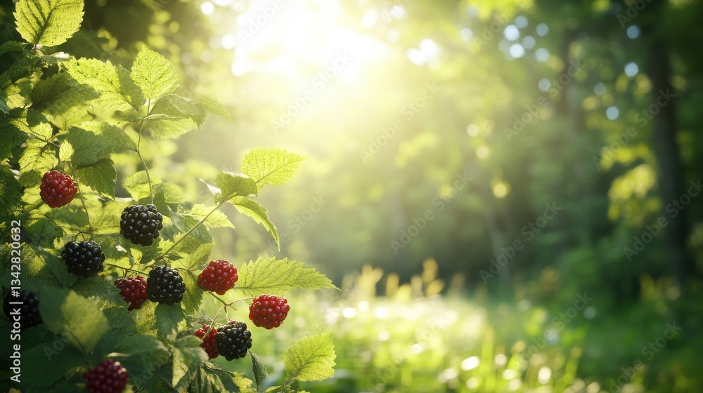 A serene forest scene featuring ripe blackberries illuminated by sunlight. A serene forest scene featuring ripe blackberries illuminated by sunlight.